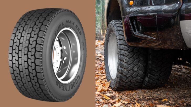 Super single tire on the left and dually tires mounted on a truck on the right