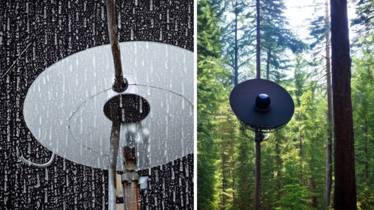 Aportable satellite dish in the rain and another in the forest