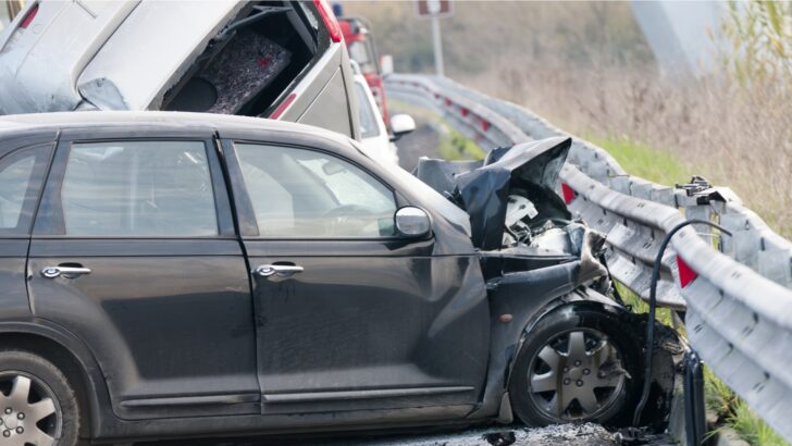 Photo of a highway accident with cars having collided and gone into the guardrail