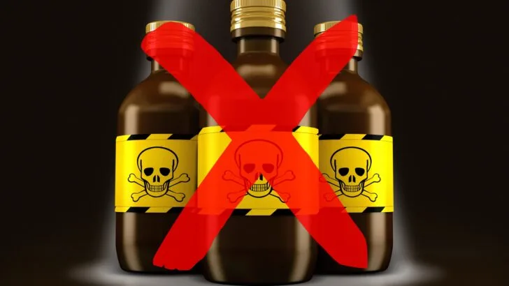 Three bottles indicating poisonous substances, covered by a red X to indicate not using