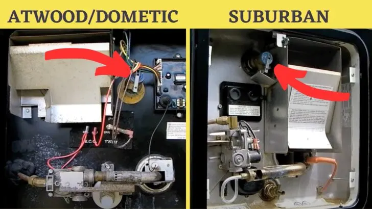 Two photos showing the location of water heater pressure relief valves on an Atwood/Dometic RV water heater and a Suburban RV water heater.