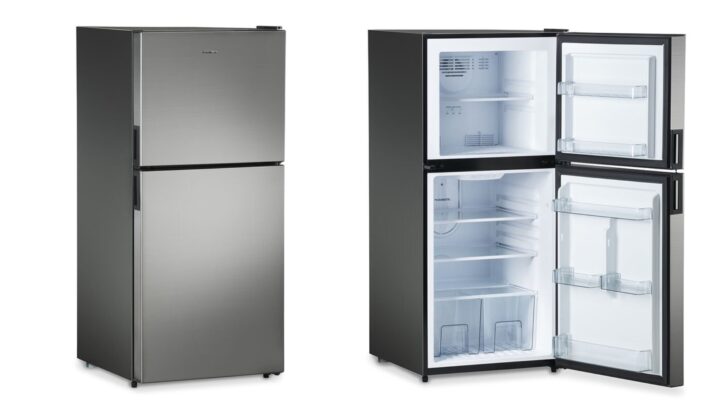 The Dometic DMC4101 12V RV refrigerator shown with doors closed and open