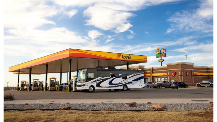 A Class A RV fueling up at a Love's Travel Stop