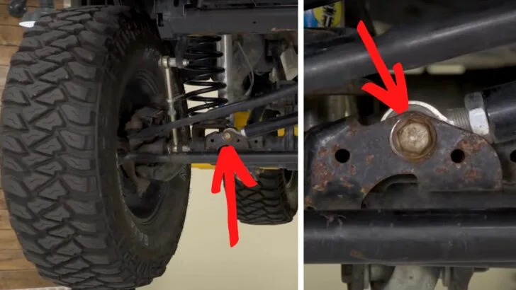 A track bar bolt shown on a Jeep