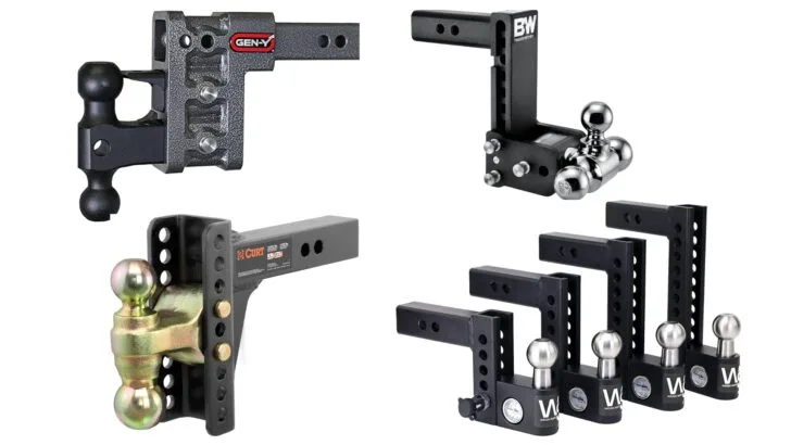 Several popular high-quality adjustable drop hitches shown