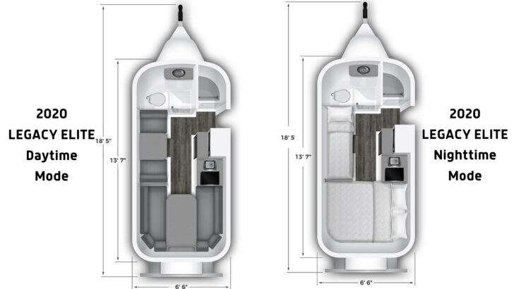 A look at the standard floor plan of a 2020 Legacy Elite from Oliver Travel Trailers in both day and night modes