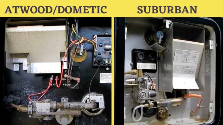 Atwood and Suburban RV water heaters shown side by side