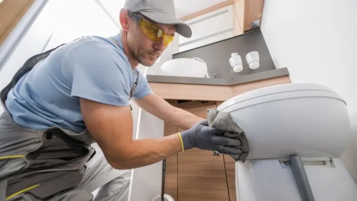 A man cleaning an RV bathroom