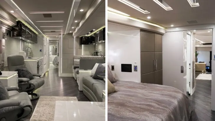 Millennium Luxury Coaches interior built on a Prevost RV chassis.