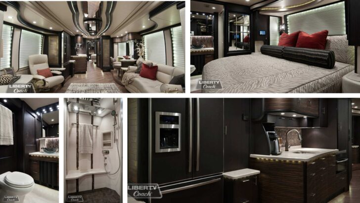 Liberty Coach interior built on a Prevost RV chassis.