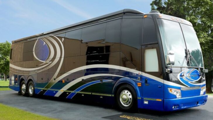 Millennium Luxury Coaches exterior built on a Prevost RV chassis.