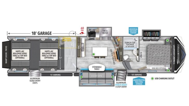 The floor plan of a fifth wheel toy hauler is shown