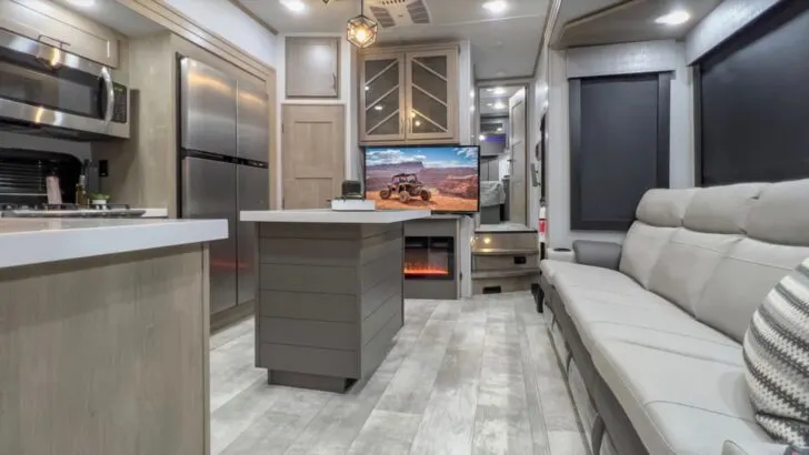 The interior living space of a fifth wheel toy hauler