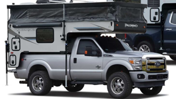 The Palomino Backpack SS-1200 pop up truck camper, shown in the bed of a Ford F150 short-bed pickup truck.