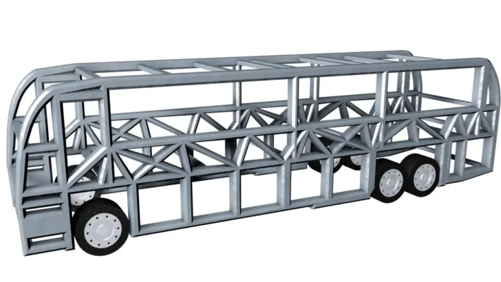 An illustration of the unibody structure of a Prevost chassis