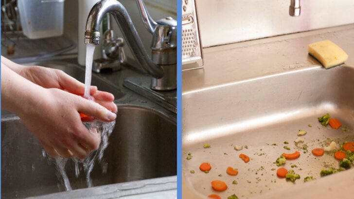 Hand-washing and food in sink shown in a split photo