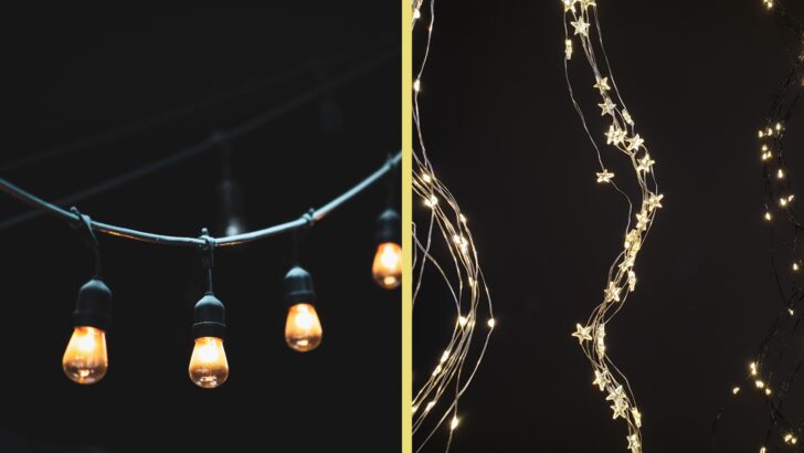 A split screen showing larger sized string light bulbs and tiny "fairy lights"