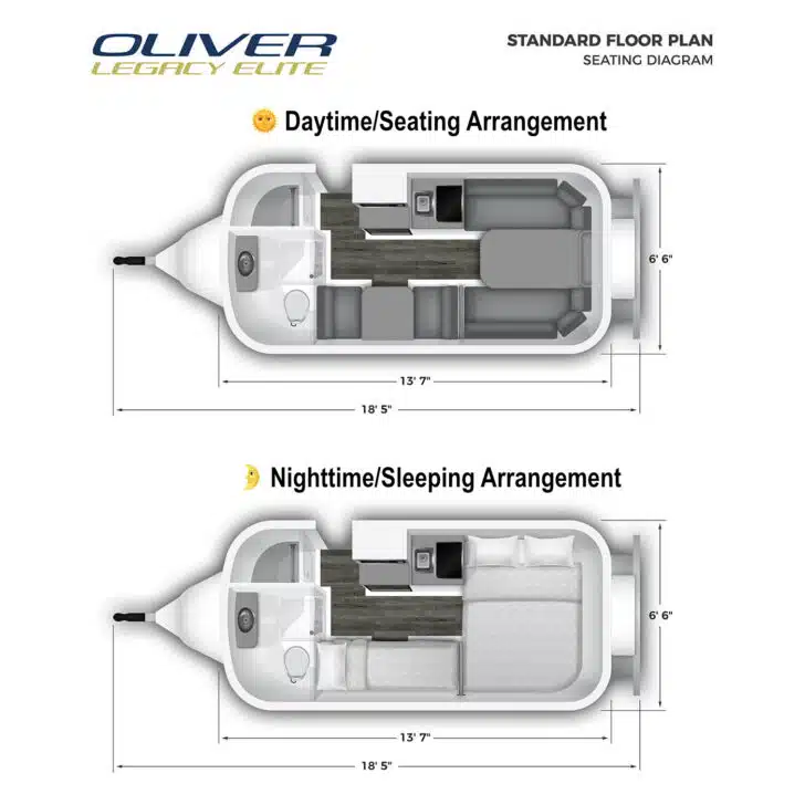 A look at the standard floor plan of a 2025 Legacy Elite from Oliver Travel Trailers in both day and night modes
