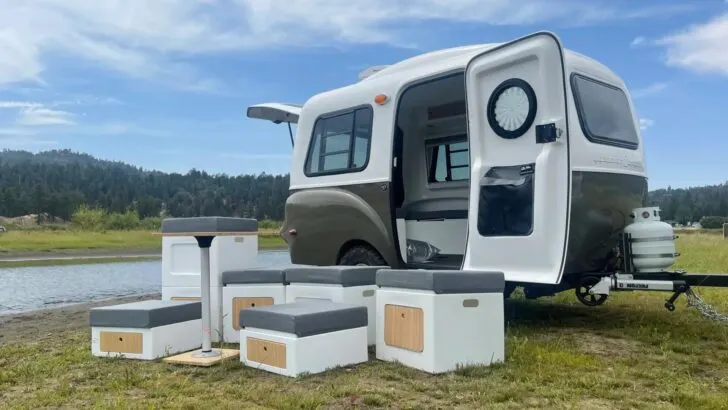 The innovative Lego-like Adaptiv system shown outside a Happier Camper travel trailer