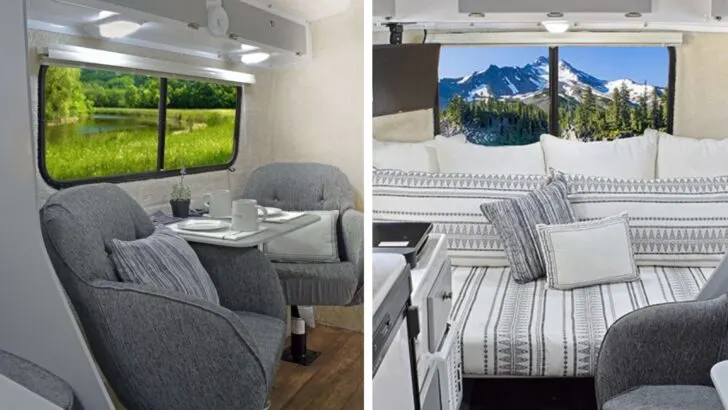 Split screen showing the Casita Freedom swivel chairs at side dinette on the left and rear bed mode on the right
