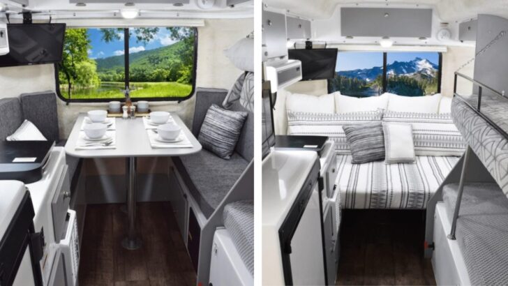 Split screen showing the Casita Heritage in dinette mode on the left and in bed mode on the right