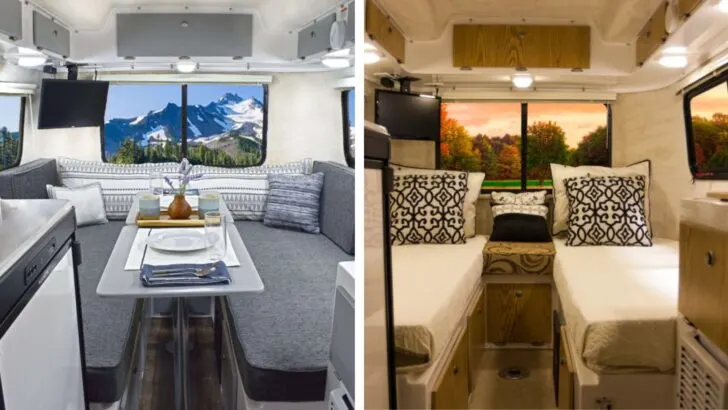 A split screen showing the Casita Independence dinette on the left and twin bed arrangement on the right