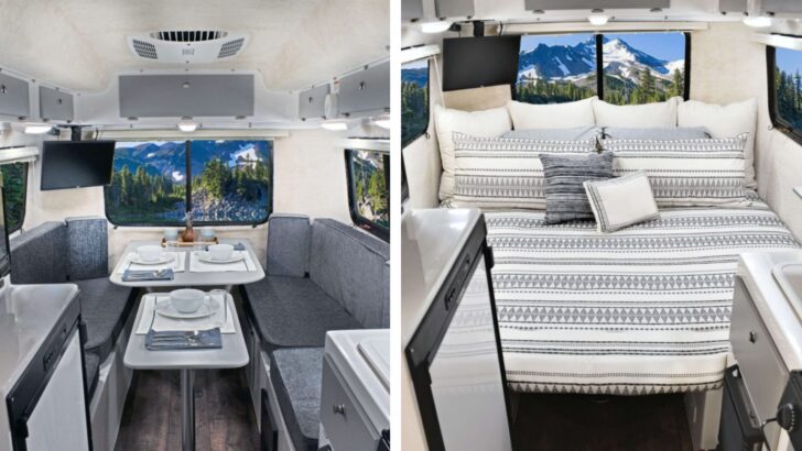Split screen showing the Liberty's double dinette on the left and a king-sized bed on the right