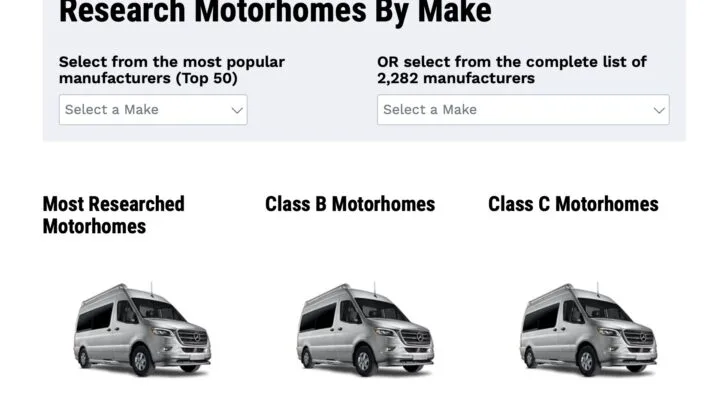 A page on the NADA online guide where you can research motorhomes by brand