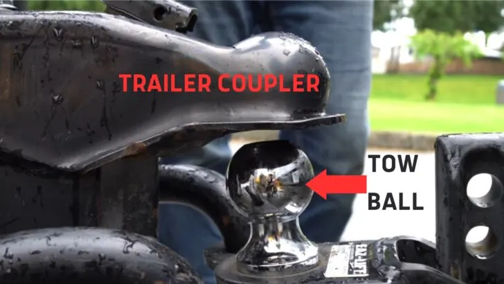 A trailer coupler and tow vehicle hitch ball identified
