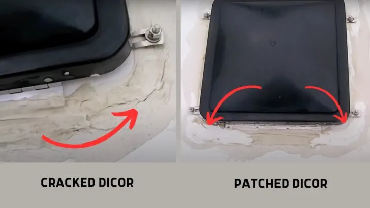 Split screen showing cracked Dicor vs patched Dicor on the corners of an RV vent fan. PVC vs TPO vs EPDM RV roof repair can vary by type.