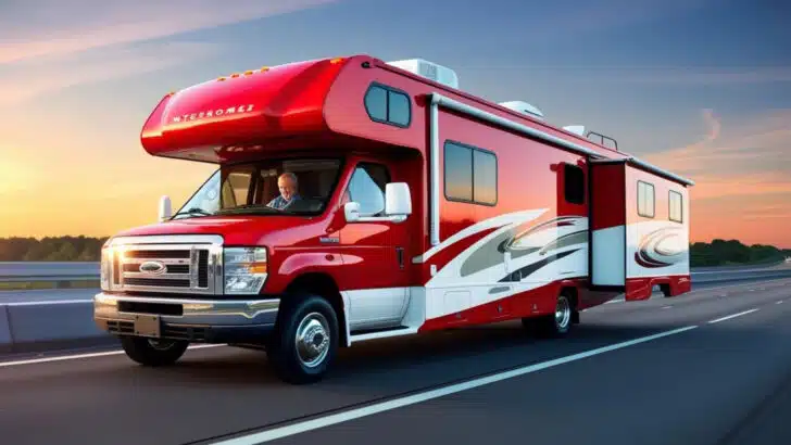 Motorhome on the highway with the rear slide extended