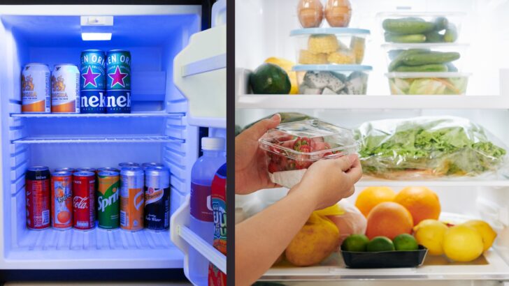 The interiors of small and larger fridges
