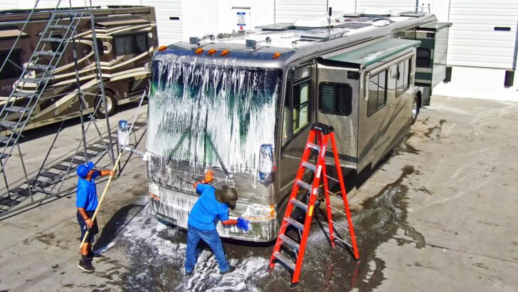 The RVgeeks motorhome being washed at an NIRVC