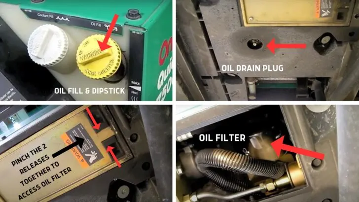 Four descriptive photos of access points on the generator for the oil & filter change