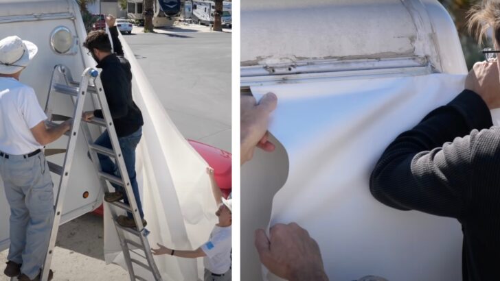 Split screen showing the process of feeding the new fabric into the RV track during Dometic awning fabric replacement