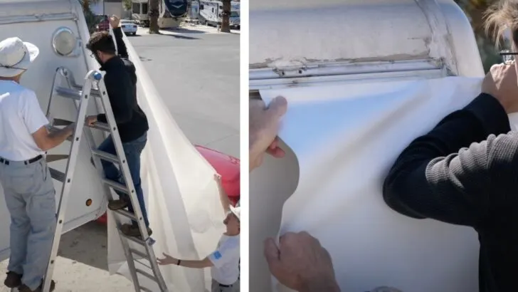 Split screen showing the process of feeding the new fabric into the RV track during Dometic awning fabric replacement