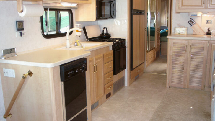 The kitchen of our first RV, a Fleetwood Bounder Diesel