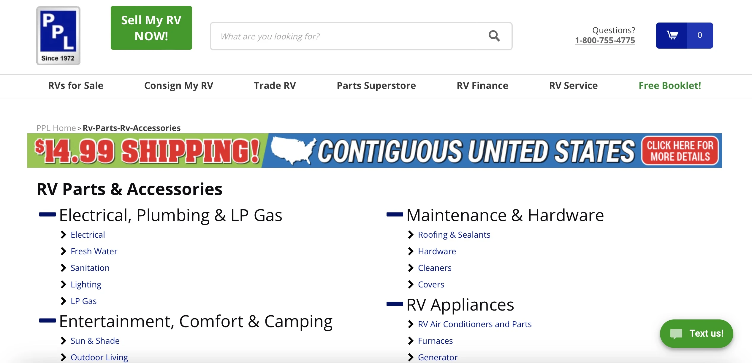 Web page for ordering parts and accessories from PPL Motor Homes