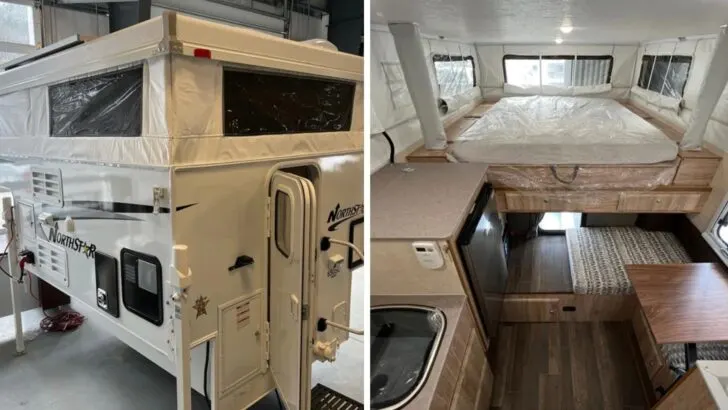 Split screen showing the exterior and interior of a soft-sided pop-up truck camper