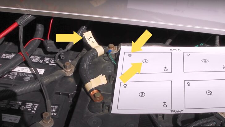 Marking the tabs on the ends of each cable with numbers corresponding to the appropriate battery and positive or negative post helps replace RV battery
