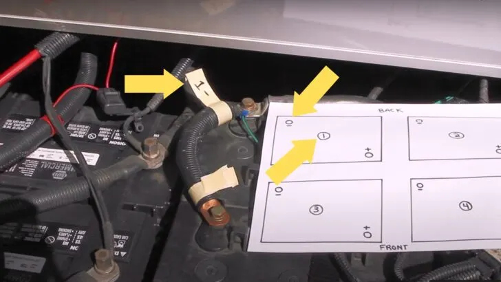Marking the tabs on the ends of each cable with numbers corresponding to the appropriate battery and positive or negative post helps replace RV battery