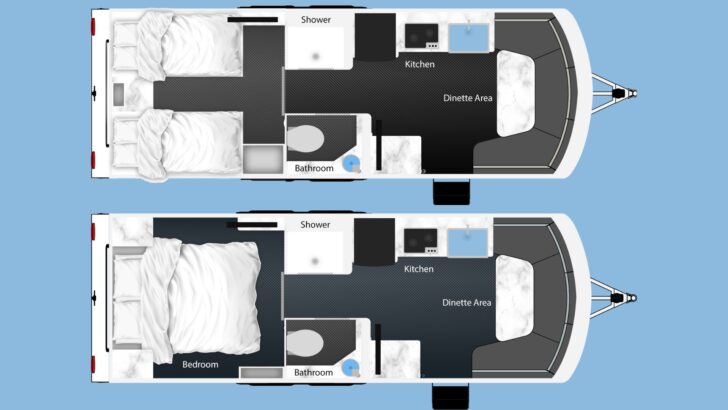 Two Terra floor plans featuring a queen bed and a set of twin beds