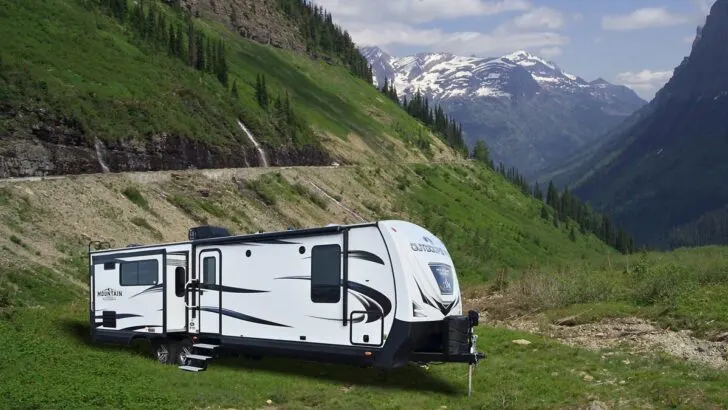 A view of the exterior of a Blackstone travel trailer
