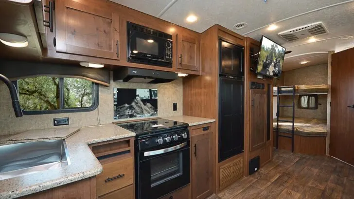 An interior photo of a Timber Ridge model. Outdoors RV makes capable off-road RV trailers.
