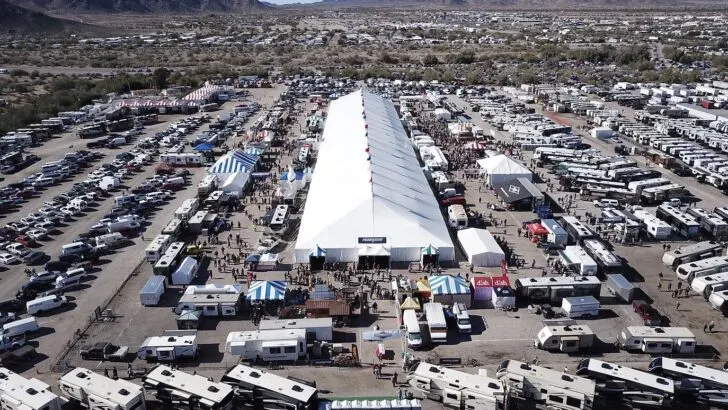 An aerial view of the Quartzsite RV Show in progress