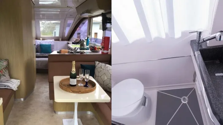 Split screen showing the general living space and bathroom of a CaraBoat