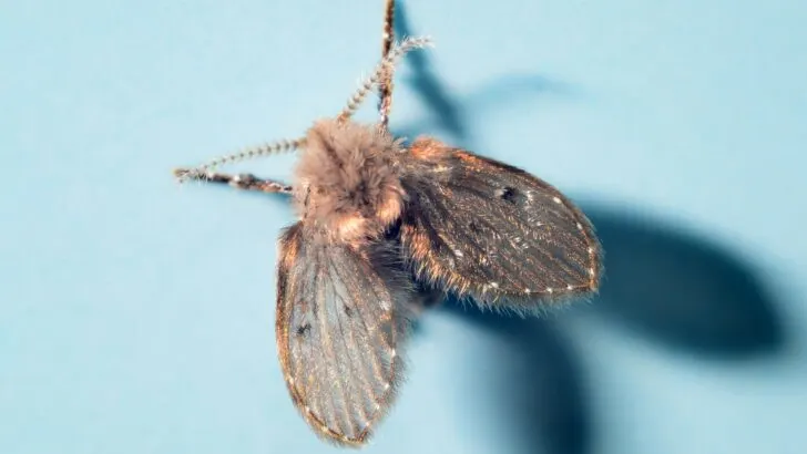 Close-up photo of a drain fly also known as a sewer fly