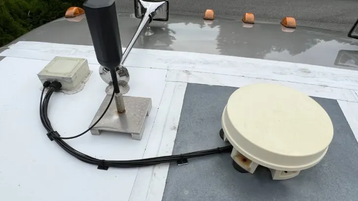 Antennas for the WeBoost cell booster (left) and Parsec Husky 7 antenna for the Pepwave system (right)