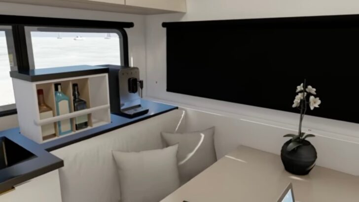 The hidden bar emerging from a cabinet in the Coast Travel Trailer Model 1 is shown