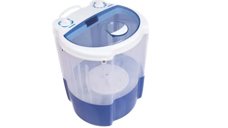 A small, non-electrical bucket-type clothes washer for camping